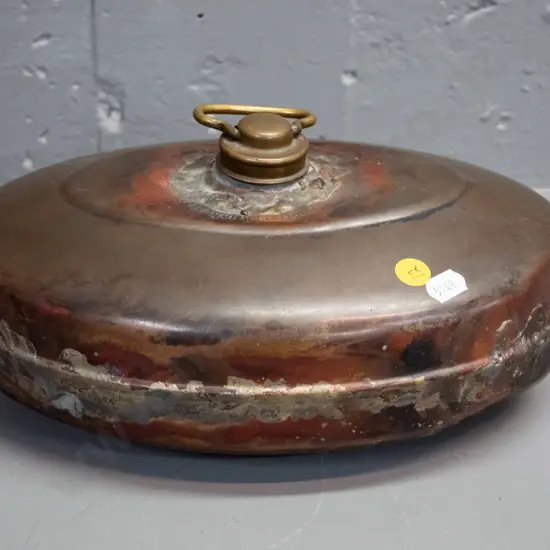 vintage German copper hot water bottle w/brass cap - "Garantiert Rheinkupfer" - has had numerous repairs L-270