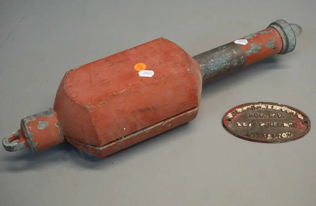 2 marine items - timber and brass floating light / buoy and a small brass plaque for Sinclair-Melbourne Co. Ltd. Boat Image 1++