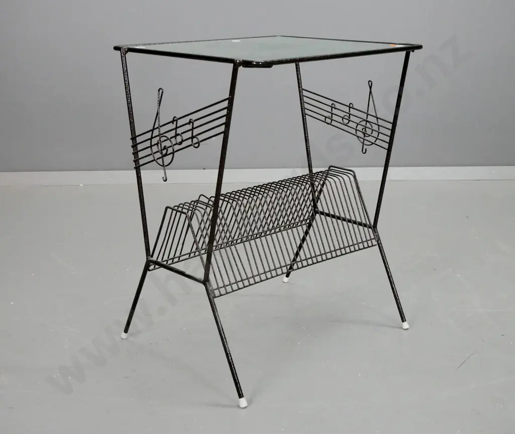 retro glass topped end table with record holder and musical mote side motifs; black and bronze stippled finish, textured Image 1++