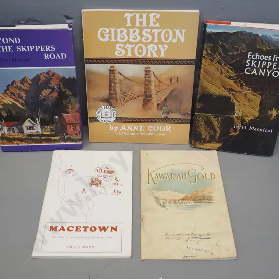 5 central Otago history books - Echoes from Skippers Canyon & Beyond the Skippers Road both by Terri Macnicol, The