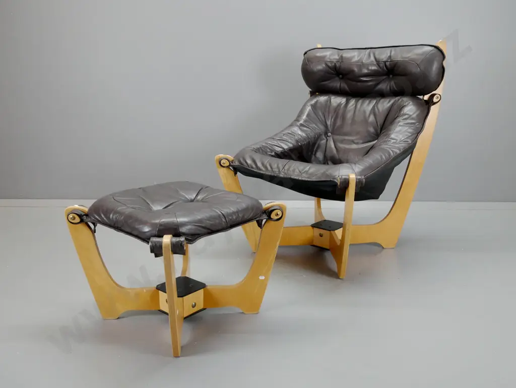 2 reproduction Odd Knutsen Luna design slung leather lounge chairs on laminate ply base, in chocolate brown leather, Image 1++