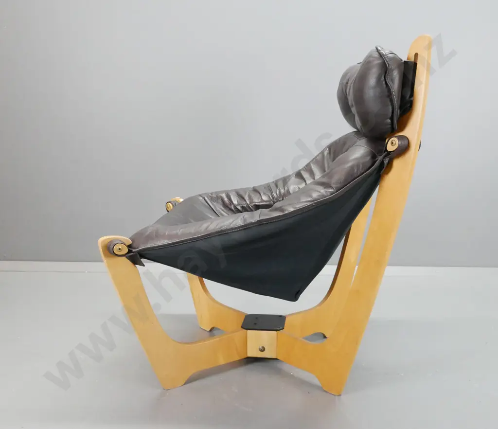 2 reproduction Odd Knutsen Luna design slung leather lounge chairs on laminate ply base, in chocolate brown leather, Image 1++