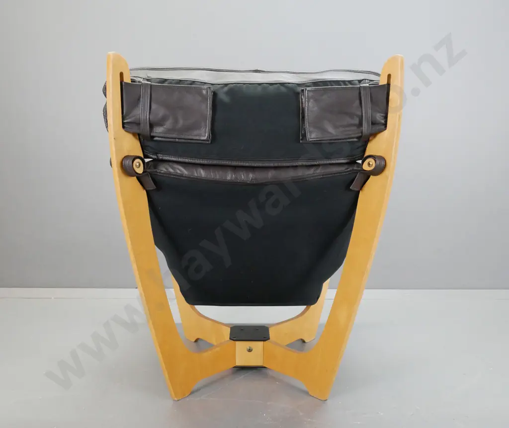 2 reproduction Odd Knutsen Luna design slung leather lounge chairs on laminate ply base, in chocolate brown leather, Image 1++