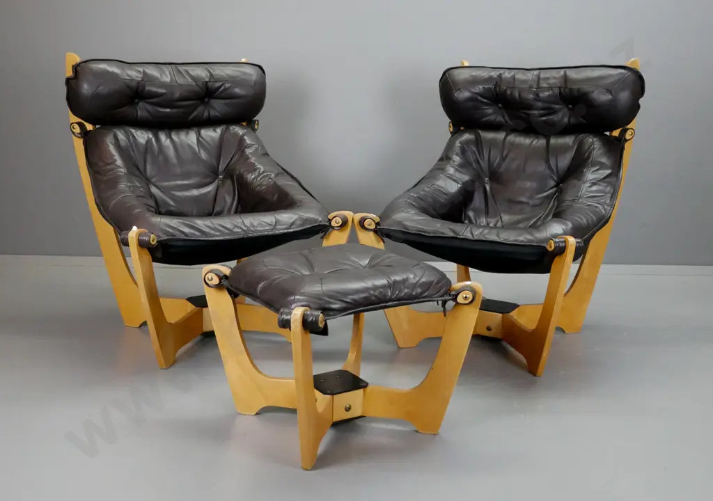 2 reproduction Odd Knutsen Luna design slung leather lounge chairs on laminate ply base, in chocolate brown leather, Image 1++