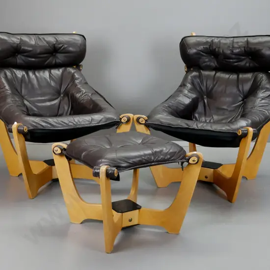 2 reproduction Odd Knutsen Luna design slung leather lounge chairs on laminate ply base, in chocolate brown leather,