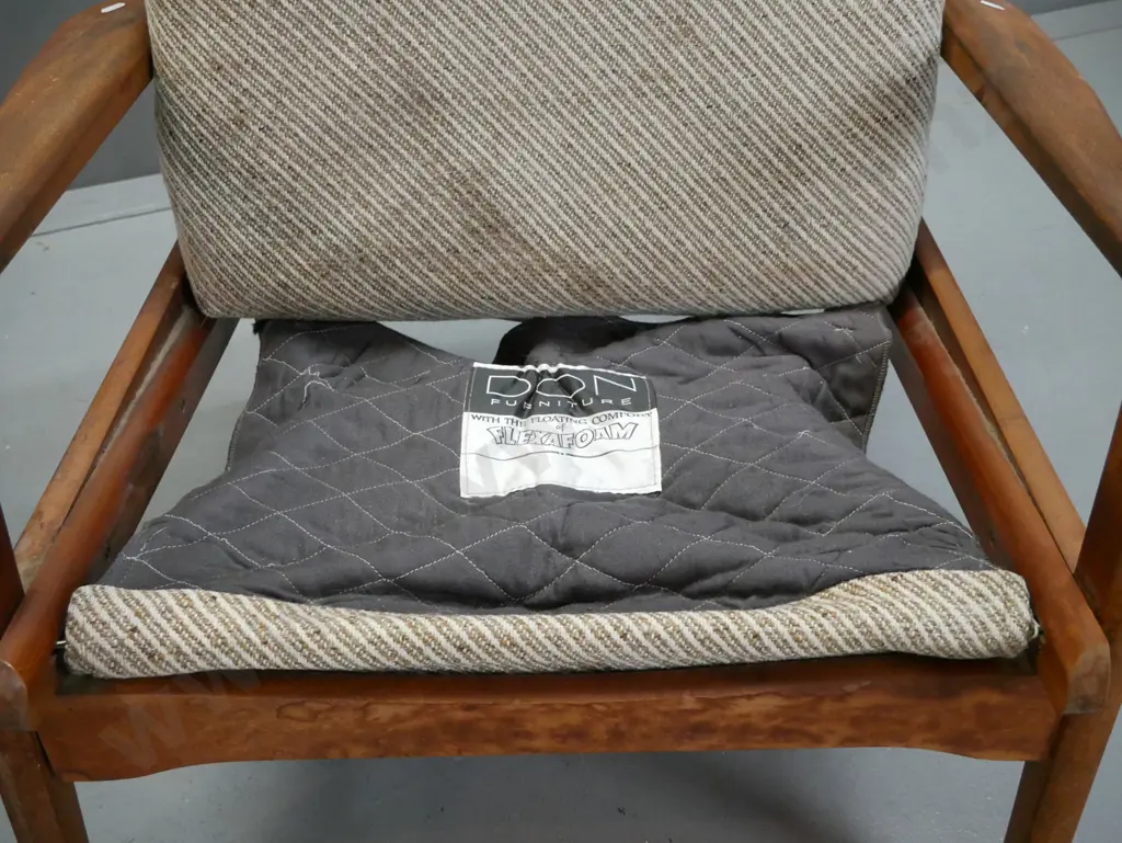 pair of mid-century Don mahogany armchairs with concorde-shaped arms - some fading and water staining to timber, wear Image 1++