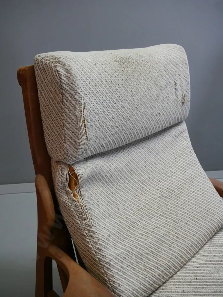 pair of mid-century Don mahogany armchairs with concorde-shaped arms - some fading and water staining to timber, wear Image 1++