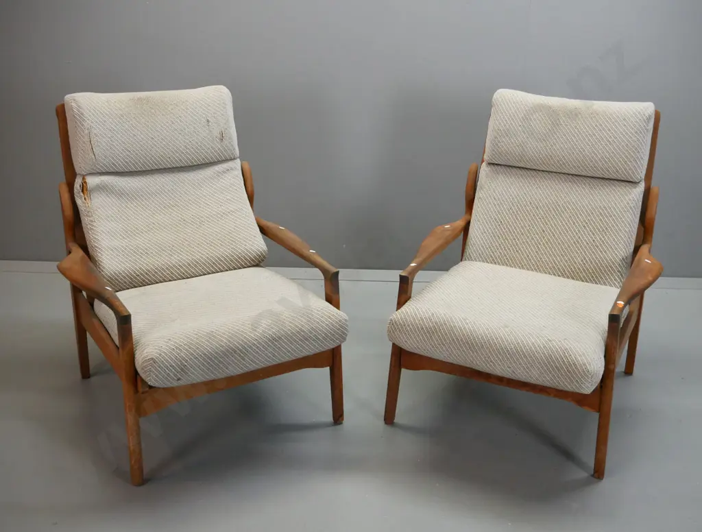 pair of mid-century Don mahogany armchairs with concorde-shaped arms - some fading and water staining to timber, wear Image 1++