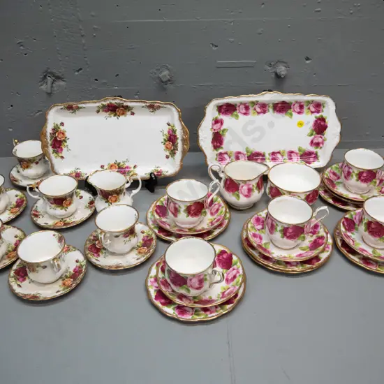 Royal Albert teaware: Old English Rose part tea set w/ 5 trios, cream & sugar, sandwich plate, spare plate & Old Country
