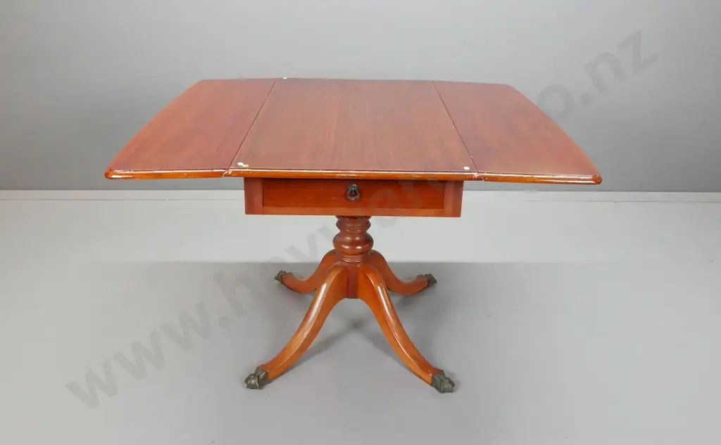 reproduction mahogany pedestal dropside occasional table with 2x small drawers on end H-725 W-500 D-1070 Image 1++