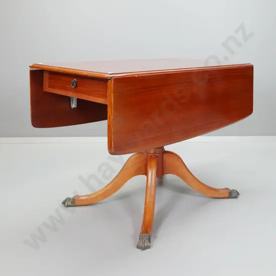 reproduction mahogany pedestal dropside occasional table with 2x small drawers on end H-725 W-500 D-1070