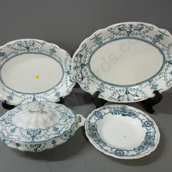 3 pieces of Adams "Vase" pattern dinnerware - 2 ashetts and a covered serving - and a Pountley "Royston" pattern soup