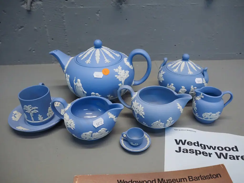 assorted Wedgwood light blue jasperware - teapot, covered sugar, 3 jugs, coffee cup & saucer, miniature cup & saucer and Image 1++