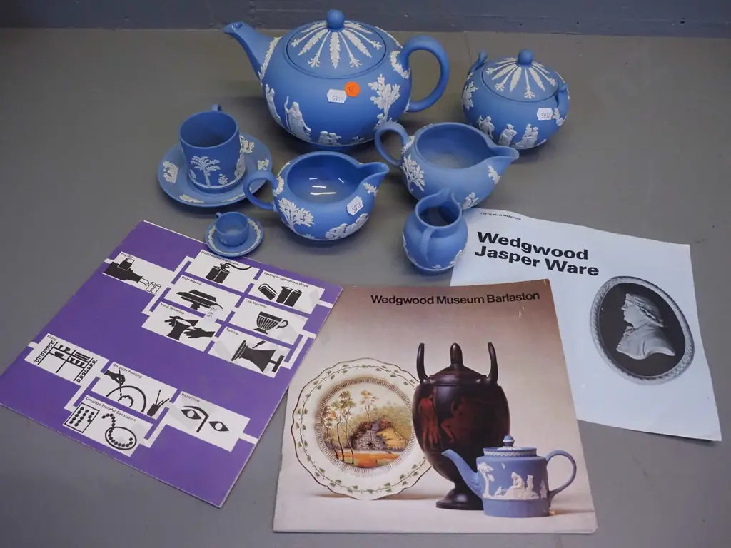 assorted Wedgwood light blue jasperware - teapot, covered sugar, 3 jugs, coffee cup & saucer, miniature cup & saucer and Image 1++