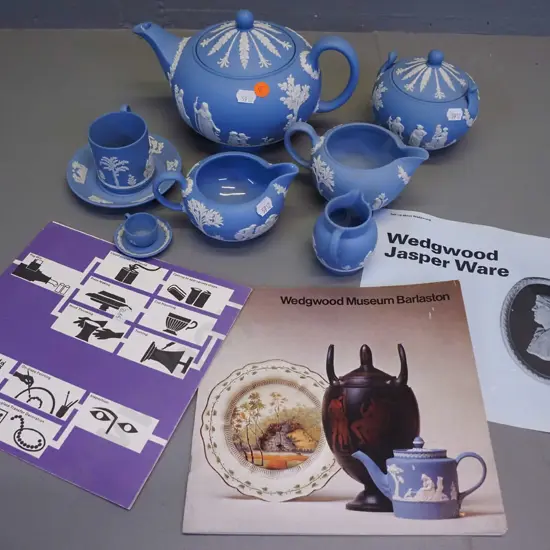 assorted Wedgwood light blue jasperware - teapot, covered sugar, 3 jugs, coffee cup & saucer, miniature cup & saucer and