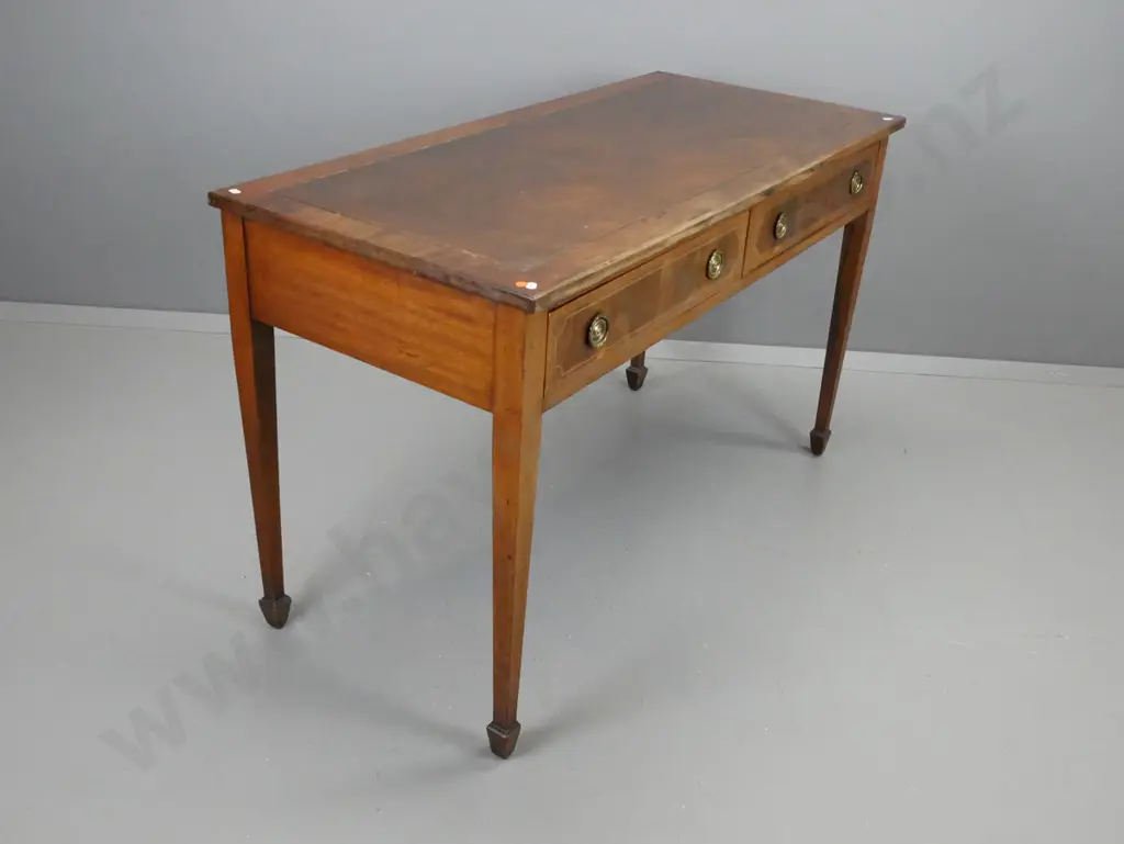 19th century library table on square tapered legs, spade feet, inlaid stringing to legs and drawer fronts, brass drop Image 1++
