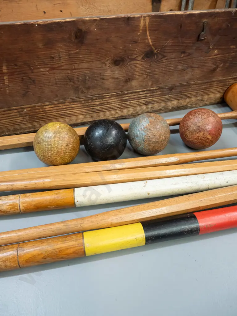 vintage croquet set in pine case with metal hinges and handles with 4 boxwood & hickory mallets, 4 balls, 6 iron hoops Image 1++