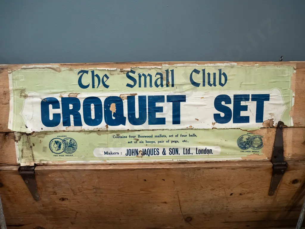 vintage croquet set in pine case with metal hinges and handles with 4 boxwood & hickory mallets, 4 balls, 6 iron hoops Image 1++