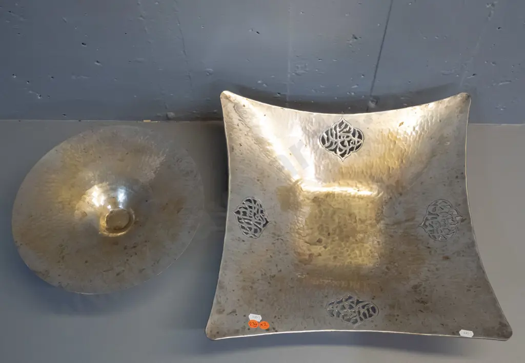 2 Lebanese silver plated beaten metal items - footed bowl and large square dish with pierced motifs H-120 L-400 D-400 Image 1++