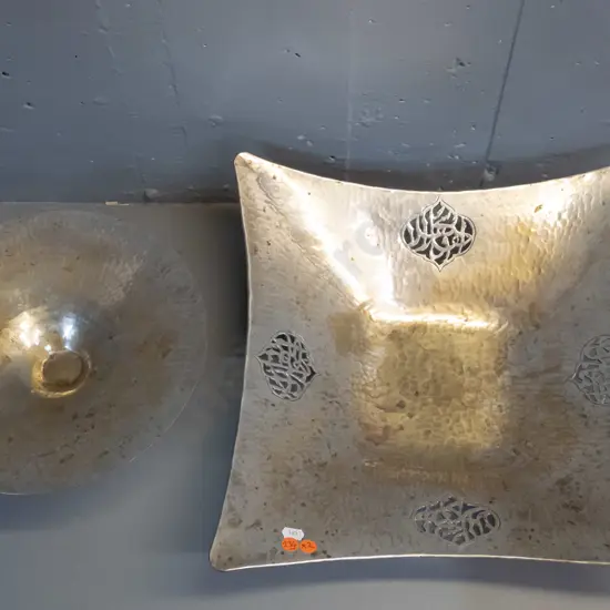 2 Lebanese silver plated beaten metal items - footed bowl and large square dish with pierced motifs H-120 L-400 D-400
