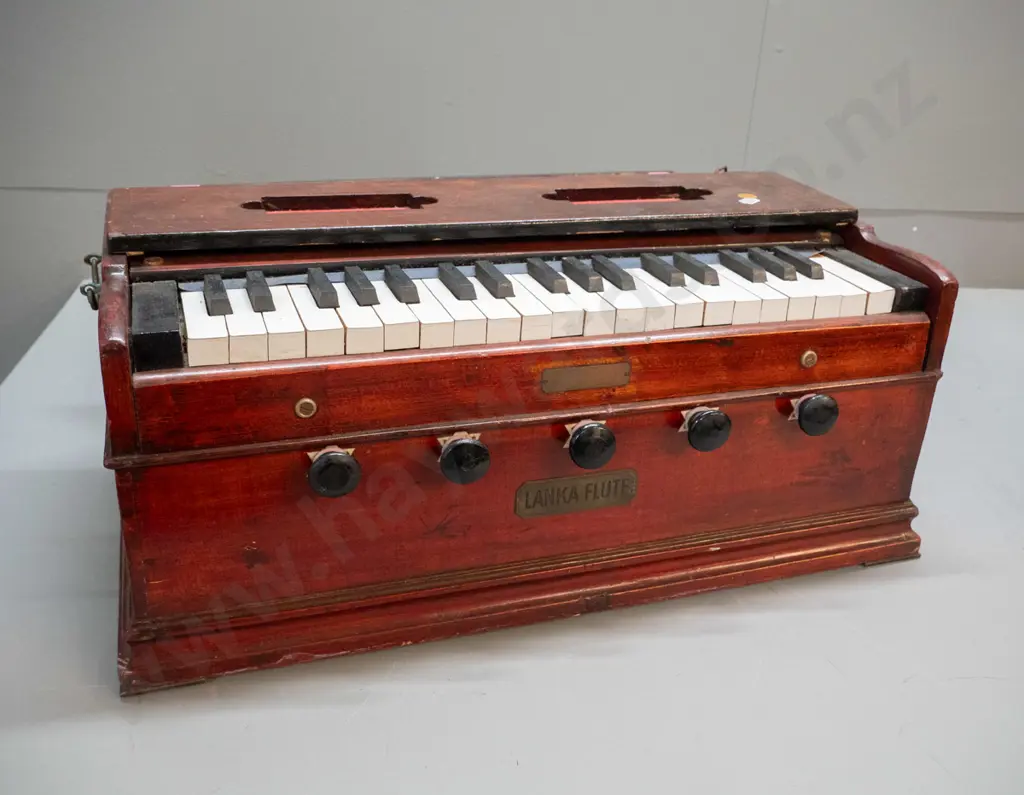 vintage "Lanka Flute" Sri Lankan harmonium - working but one key sticks, some corrosion and wear to stops. Image 1++