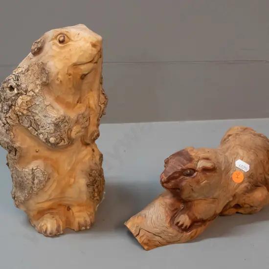 2 German rustic carved timber marmots or ground squirrels - standing one H-240, both marked Holzschnitzerei-Wurzelkunst