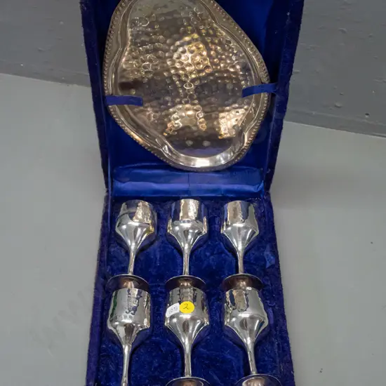 cased presentation set of Indian beaten plated silver small goblets and serving tray - goblets H1-00 Tray L-250 W-160