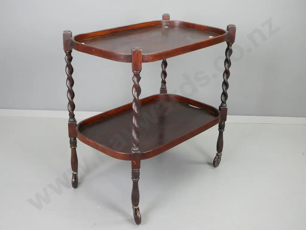 vintage dark stained oak tea trolley with oval shaped top, Jacobean twist legs - top surface scratched and stained H-760 Image 1++
