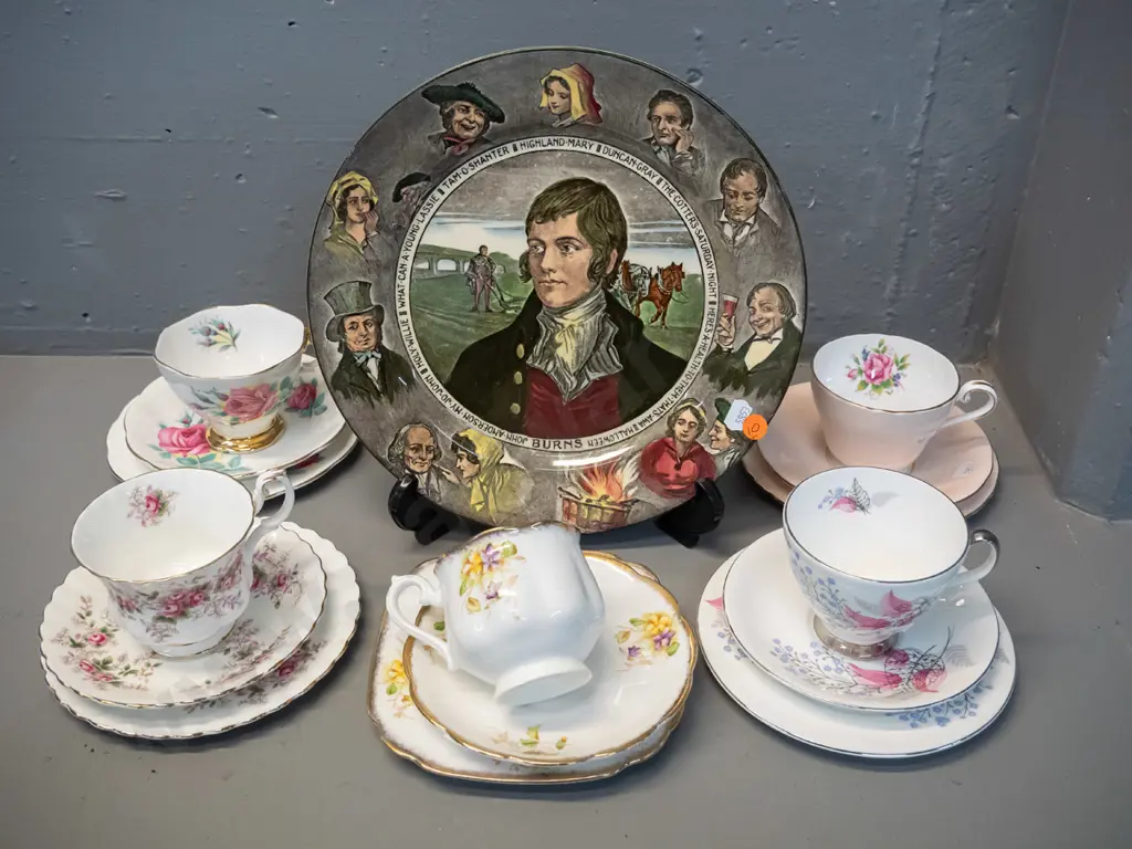 assorted English china - Royal Doulton Robbie Burns plate D-275 and 5 trios - 4 Royal Albert and one Aynsley Image 1++