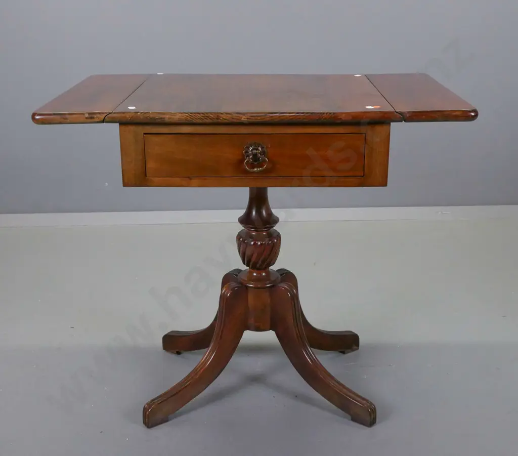 rimu and beech sofa table with 2 flaps & drawer, turned column base on 4 sweeping legs. Top surface has chips. H-660 Image 1++
