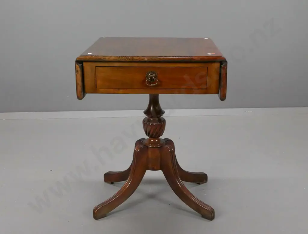 rimu and beech sofa table with 2 flaps & drawer, turned column base on 4 sweeping legs. Top surface has chips. H-660 Image 1++