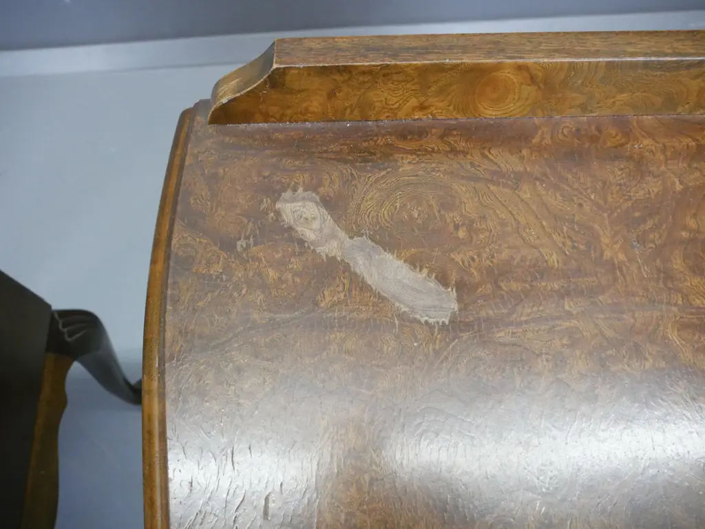 pair of  reproduction walnut cab-leg serpentine front bedside cabinets - polish has deteriorated, finish gone on the top Image 1++