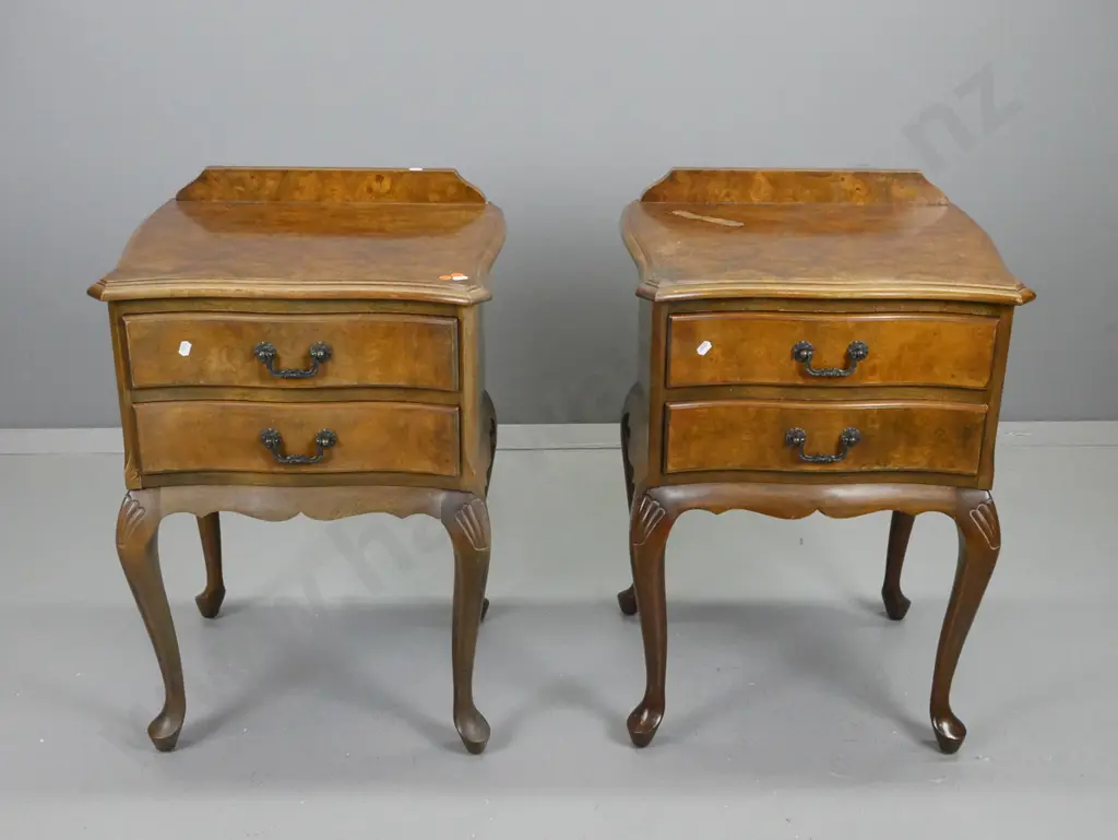 pair of  reproduction walnut cab-leg serpentine front bedside cabinets - polish has deteriorated, finish gone on the top Image 1++