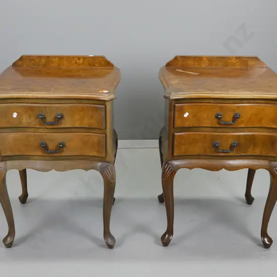 pair of  reproduction walnut cab-leg serpentine front bedside cabinets - polish has deteriorated, finish gone on the top