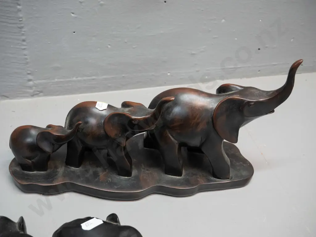 3 elephant figures - 2 small ebony with bone tusks, composite resin group of 3 and carved timber group of 3 with bone Image 1++