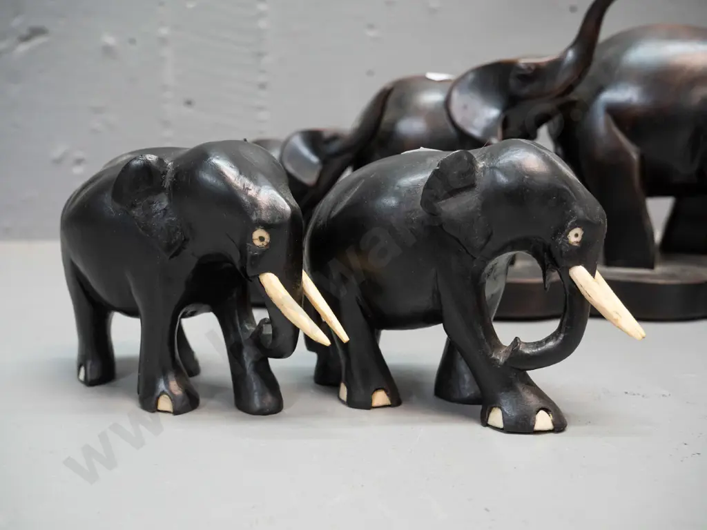 3 elephant figures - 2 small ebony with bone tusks, composite resin group of 3 and carved timber group of 3 with bone Image 1++