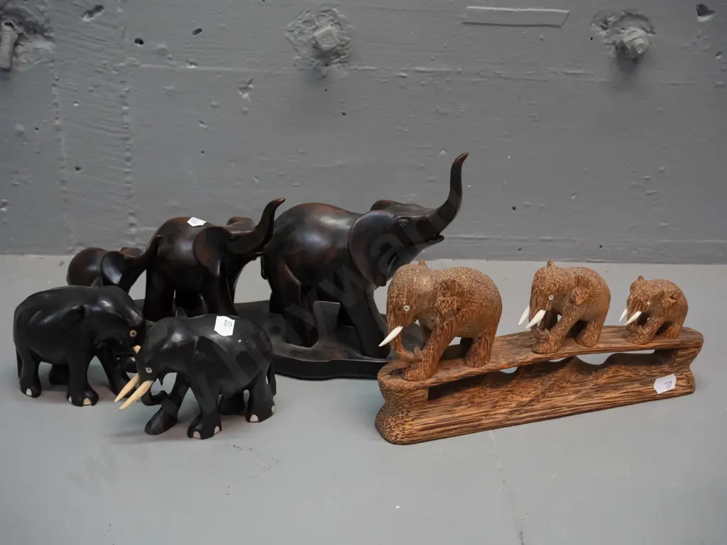 3 elephant figures - 2 small ebony with bone tusks, composite resin group of 3 and carved timber group of 3 with bone Image 1++