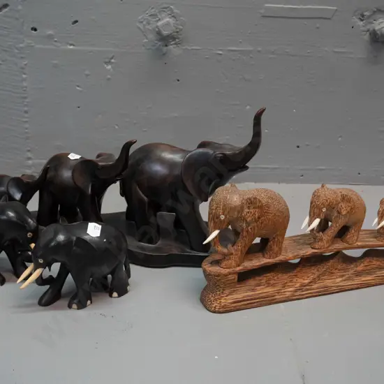 3 elephant figures - 2 small ebony with bone tusks, composite resin group of 3 and carved timber group of 3 with bone