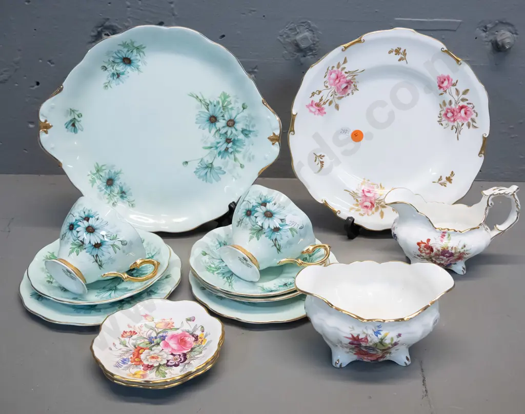 assorted bone china - 2 Royal Albert turquoise floral trios and a cake plate, a Royal Crown Derby cake plate, Hammersley Image 1++