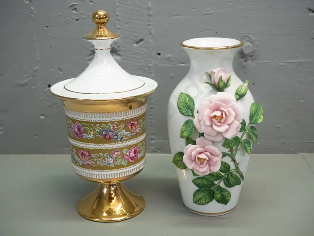 Italian comport base lidded pot H-280 D-140 & a Franklin Mint Rosanne Sanders "Celestial Rose" rose relief pattern vase Image 1++