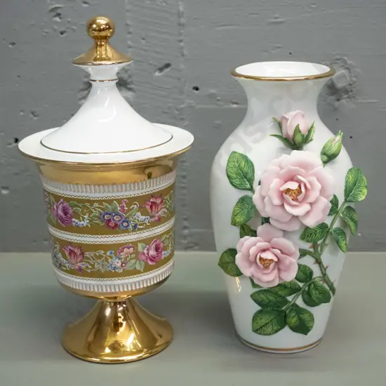 Italian comport base lidded pot H-280 D-140 & a Franklin Mint Rosanne Sanders "Celestial Rose" rose relief pattern vase
