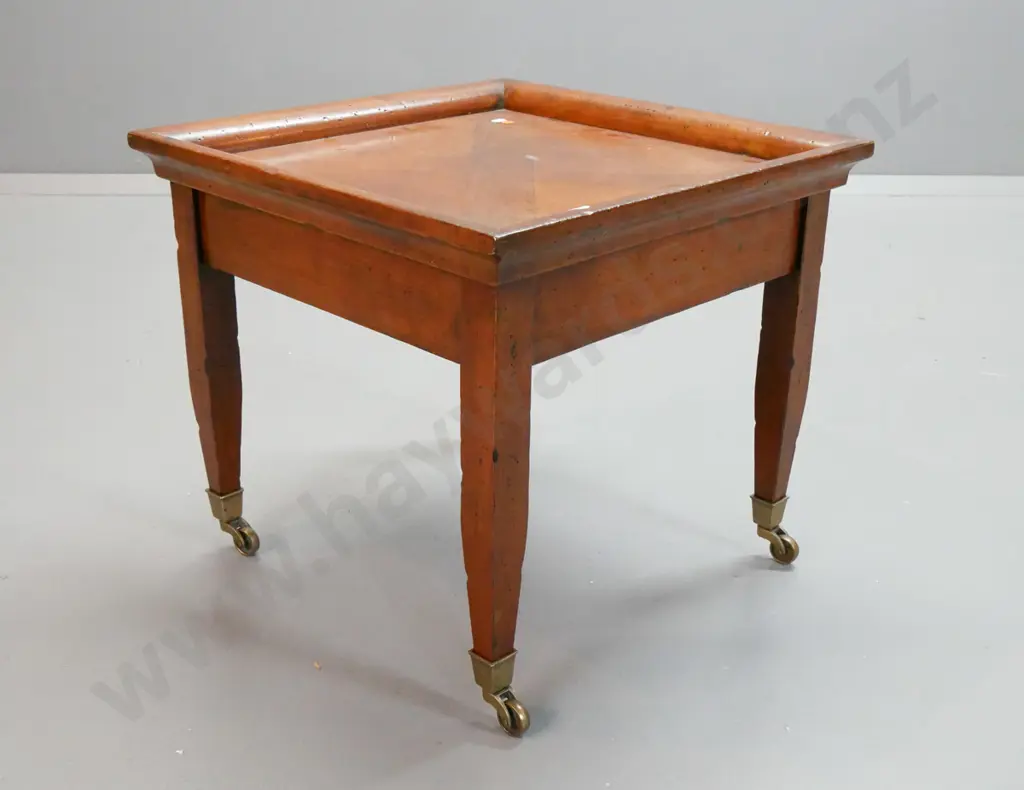 vintage side table with segmented tray top, square tapered legs on brass bucket casters - restored, old borer filled and Image 1++