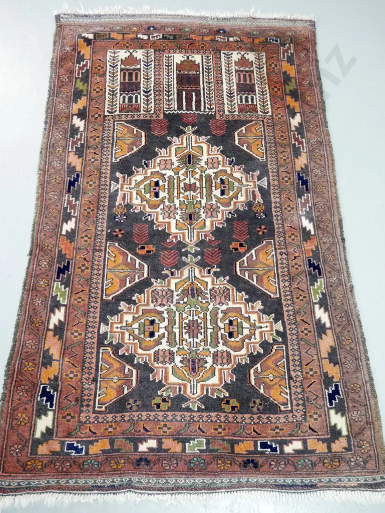 Persian style hand-knotted wool rug - orange, green and multi colour fine geometric pattern L1460 W820 Image 1++