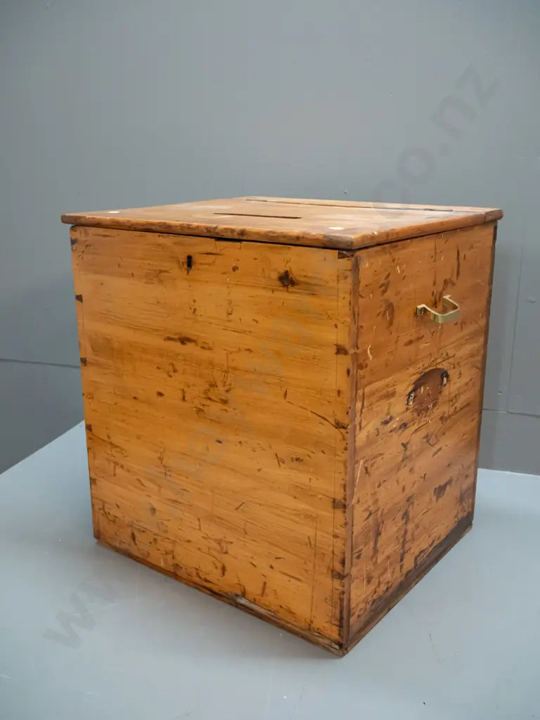 vintage kauri ballot box with hinged lid, brass side handles, non-functioning lock, marked NZ with broad arrow on top, Image 1++