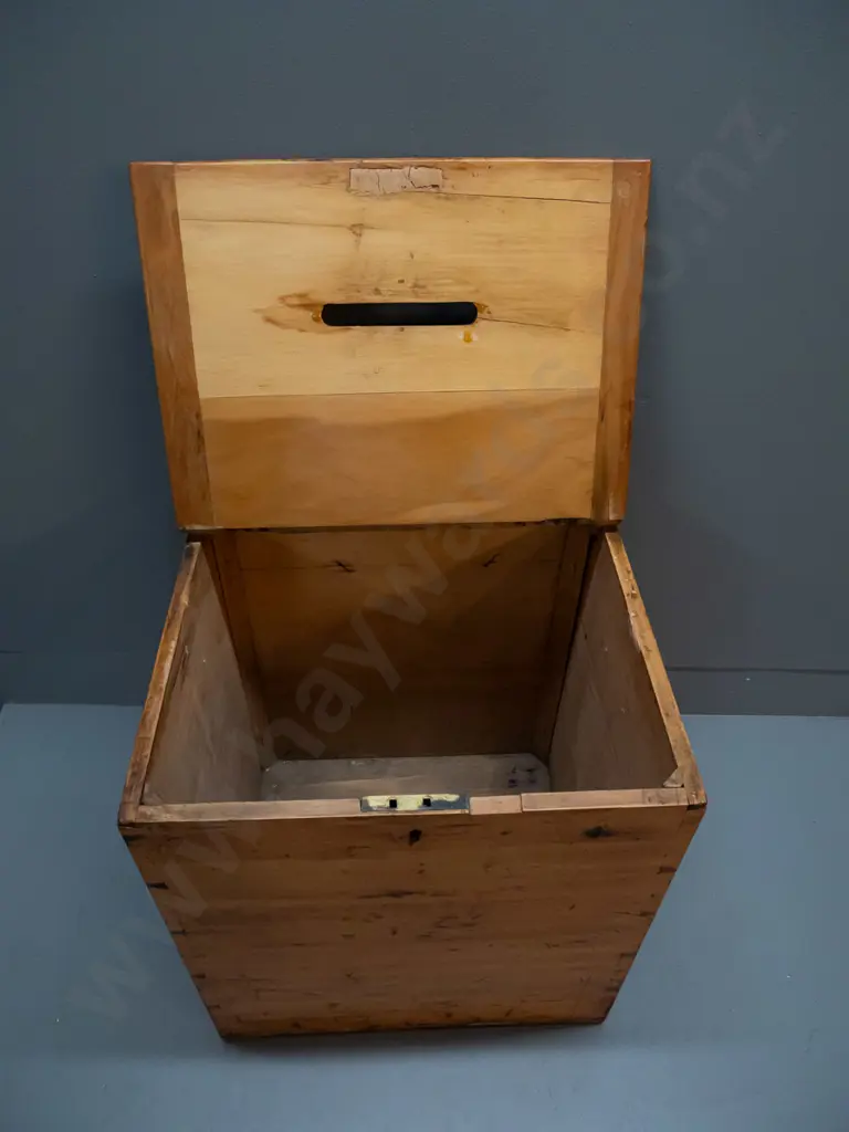 vintage kauri ballot box with hinged lid, brass side handles, non-functioning lock, marked NZ with broad arrow on top, Image 1++