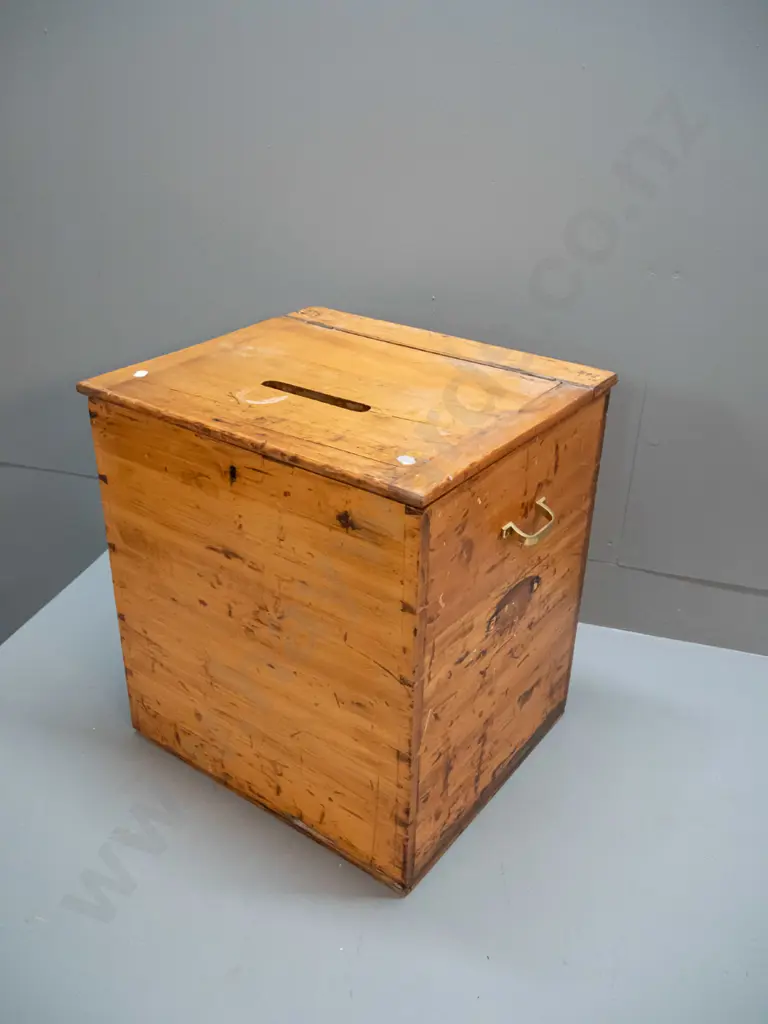 vintage kauri ballot box with hinged lid, brass side handles, non-functioning lock, marked NZ with broad arrow on top, Image 1++