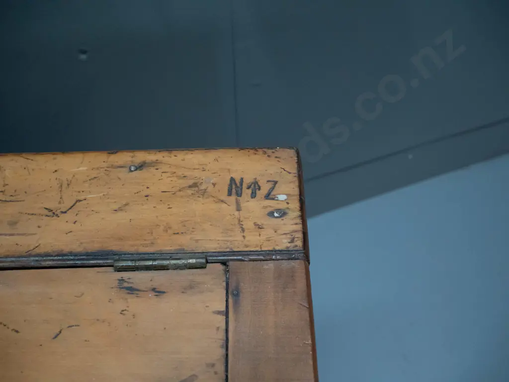 vintage kauri ballot box with hinged lid, brass side handles, non-functioning lock, marked NZ with broad arrow on top, Image 1++