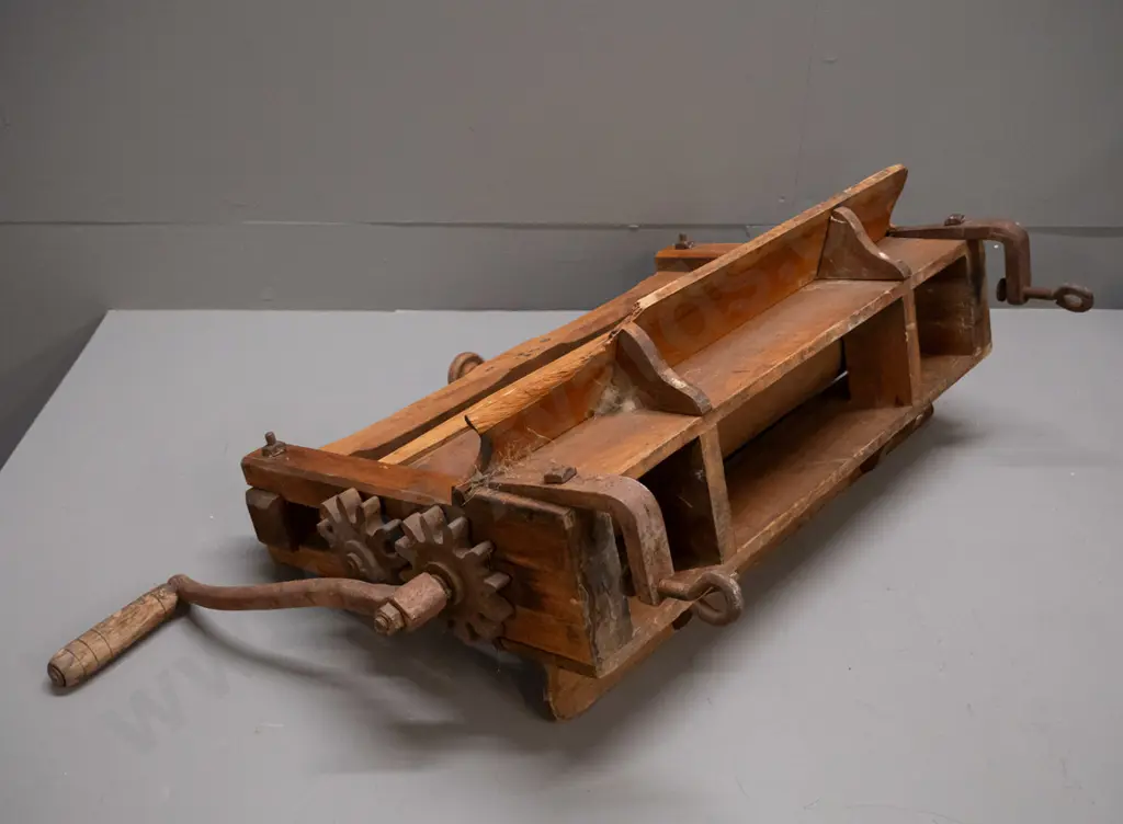 vintage mangle with timber frame and rollers, cast iron handle and fixings, screw bench bracket mounts. Image 1++