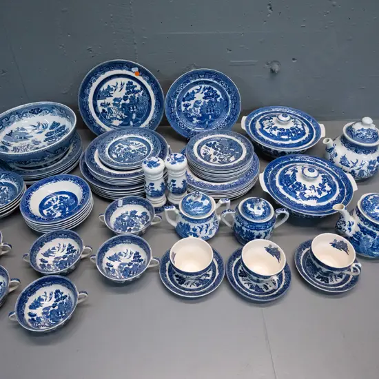 large assortment of blue and white tableware, almost all willow, different ages and makers, 6 soups, 2 teapots, 2 lidded