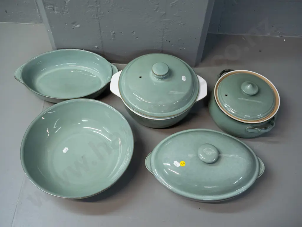 Denby "Regency Green" pattern tableware serving items - large bowl, 3 covered casseroles and one open. Large casserole Image 1++